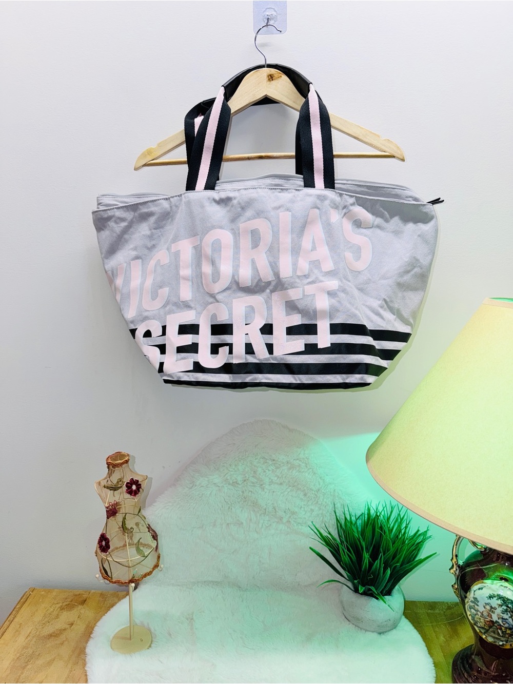 Victoria's Secret Light Gray and Pink Striped Logo Tote 👛 24W x 12H